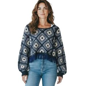 House of Harlow 1960 Crochet Fringe Cropped Sweater